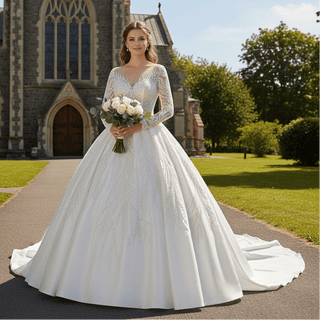 Plus Size Satin Ball Gown Wedding Dress, Sheer Long Sleeve - Rosymae