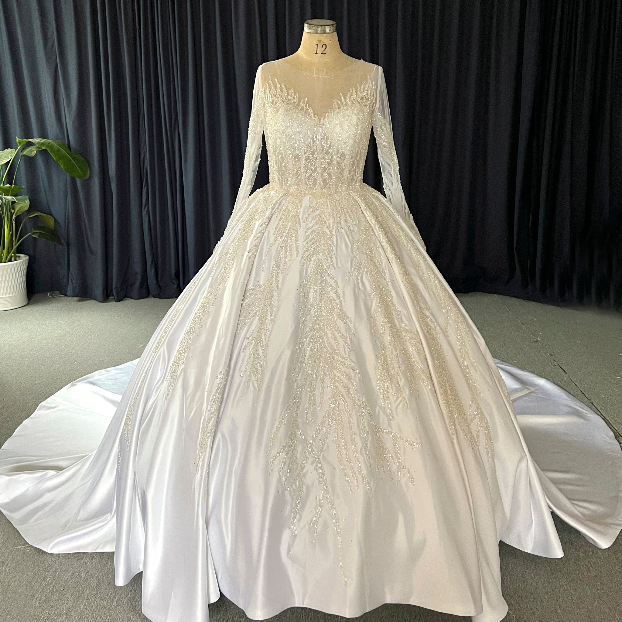 Plus Size Sparkle Wedding Dress with Sheer Long Sleeve White / 28W Plus Size Sparkle Wedding Dress with Sheer Long Sleeve White / 28W