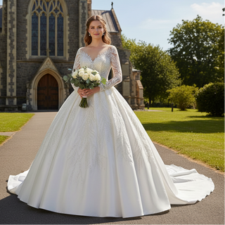 Plus Size Sparkle Wedding Dress with Sheer Long Sleeve