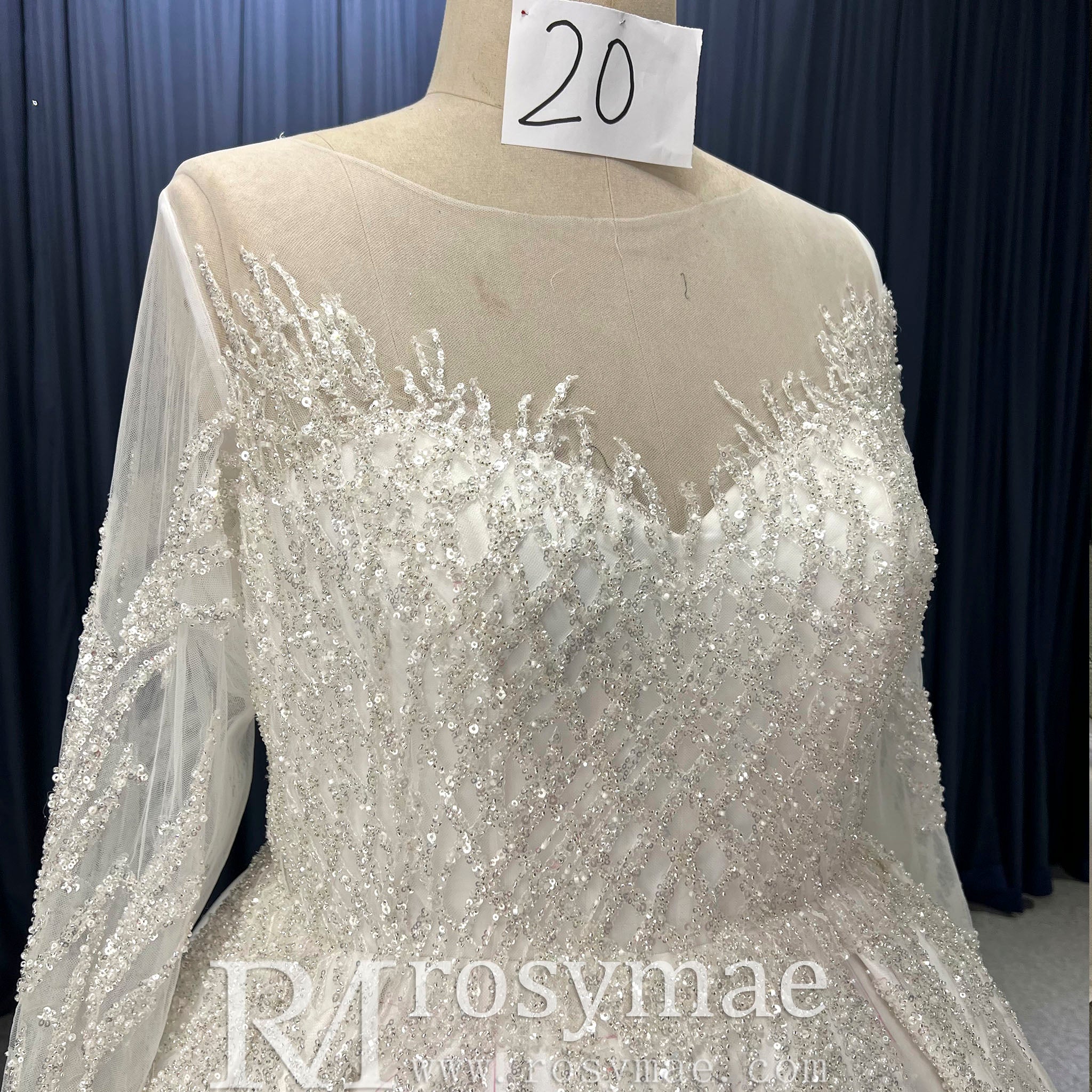 Plus Size Sparkle Wedding Dress with Sheer Long Sleeve White / 28W Plus Size Sparkle Wedding Dress with Sheer Long Sleeve White / 28W