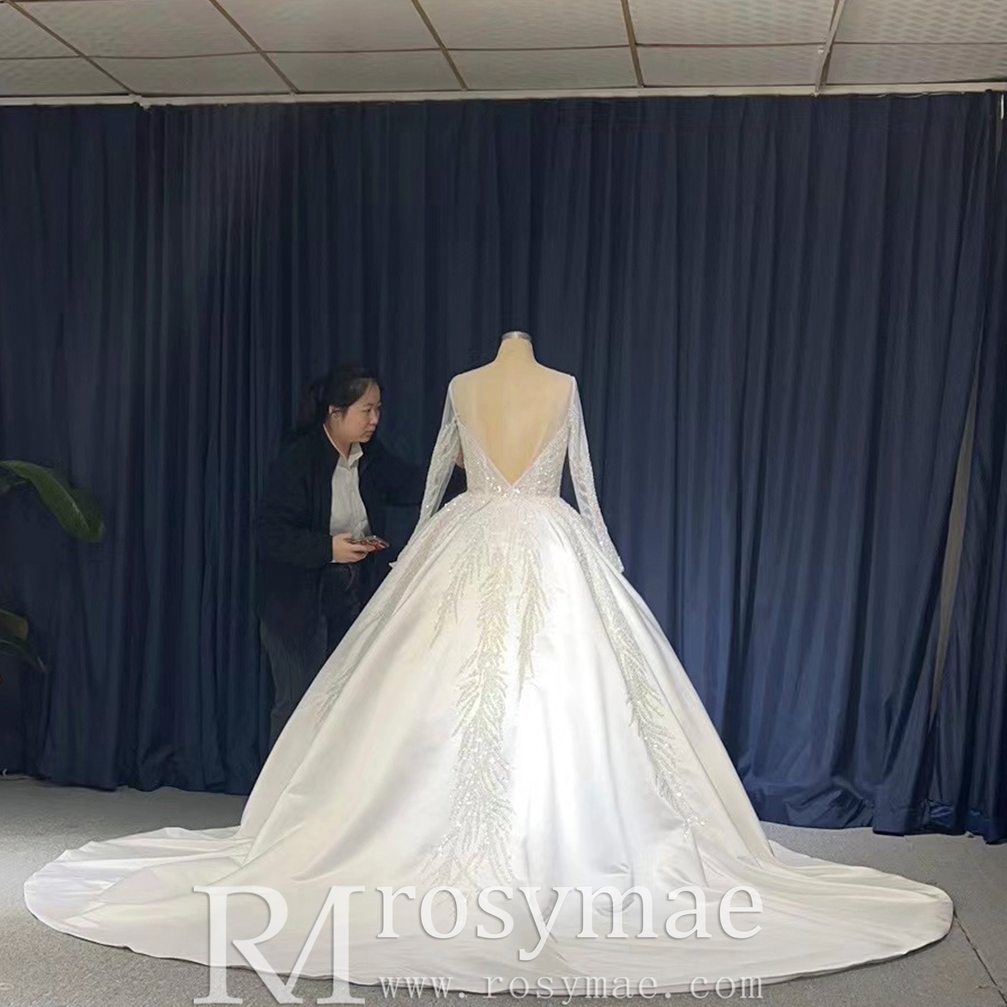Plus Size Sparkle Wedding Dress with Sheer Long Sleeve White / 28W Plus Size Sparkle Wedding Dress with Sheer Long Sleeve White / 28W