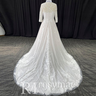 A-line Tulle Lace Wedding Dresses & Gowns with 3/4 Sleeves