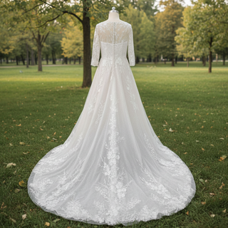 Plus Size A-line Tulle Lace Wedding Dresses & Gowns with 3/4 Sleeves