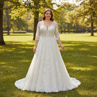 Plus Size A-line Tulle Lace Wedding Dresses & Gowns with 3/4 Sleeves