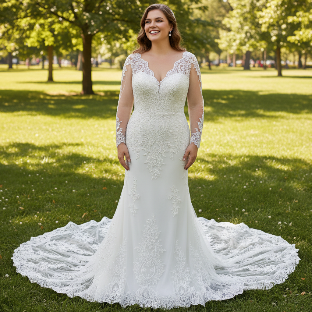 Plus Size Mermaid Lace and Tulle Wedding Dress with Long Sleeve Ivory / Custom Size Plus Size Mermaid Lace and Tulle Wedding Dress with Long Sleeve Ivory / Custom Size