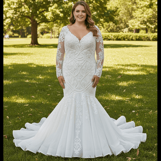 Plus Size Vneck Mermaid & Trumpet Wedding Dress with Long Sleeve - Rosymae
