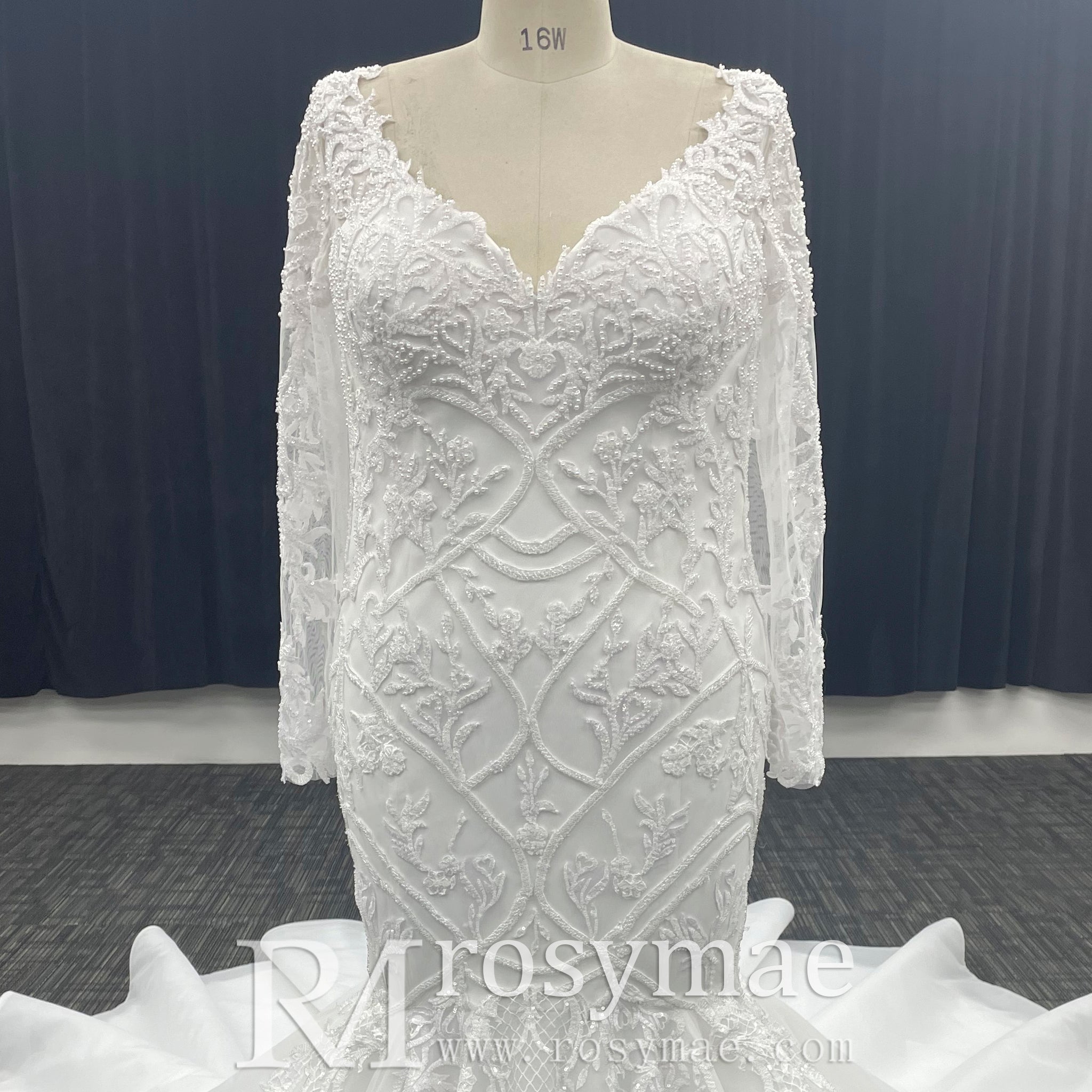 Plus Size Vneck Mermaid & Trumpet Wedding Dress with Long Sleeve - Rosymae