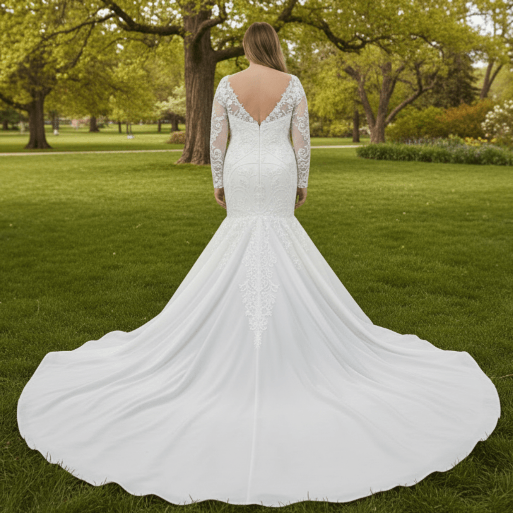 Plus Size Vneck Mermaid & Trumpet Wedding Dress with Long Sleeve - Rosymae