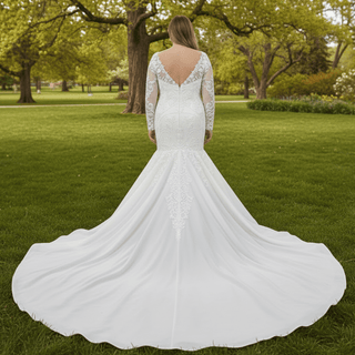Plus Size Vneck Mermaid & Trumpet Wedding Dress with Long Sleeve - Rosymae