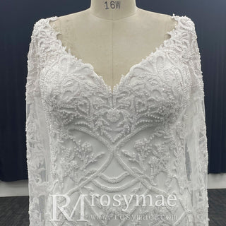 Plus Size Vneck Mermaid & Trumpet Wedding Dress with Long Sleeve - Rosymae