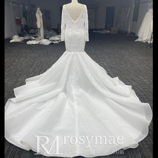 Plus Size Vneck Mermaid & Trumpet Wedding Dress with Long Sleeve - Rosymae