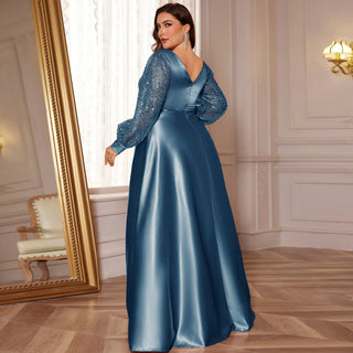 Plus Size Womens Satin Formal Dress Long Sleeves Sparkle Prom Gown - Rosymae