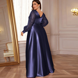 Plus Size Womens Satin Formal Dress Long Sleeves Sparkle Prom Gown - Rosymae