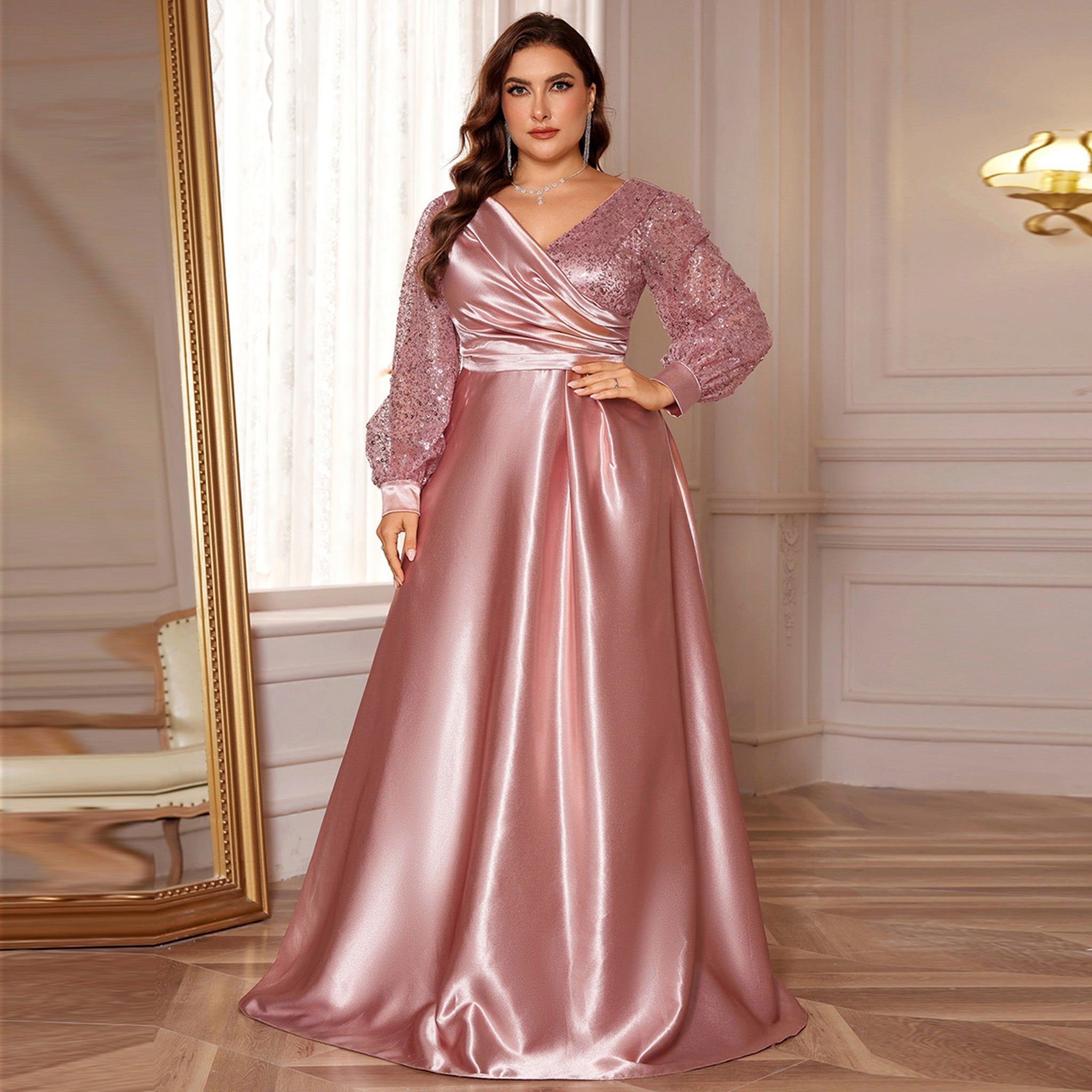 Plus Size Womens Satin Formal Dress Long Sleeves Sparkle Prom Gown Dusty Pink / 1XL