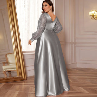 Plus Size Womens Satin Formal Dress Long Sleeves Sparkle Prom Gown - Rosymae