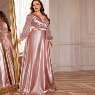 Plus Size Womens Satin Formal Dress Long Sleeves Sparkle Prom Gown - Rosymae