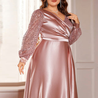 Plus Size Womens Satin Formal Dress Long Sleeves Sparkle Prom Gown - Rosymae