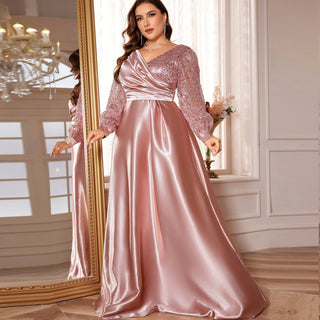 Plus Size Womens Satin Formal Dress Long Sleeves Sparkle Prom Gown - Rosymae