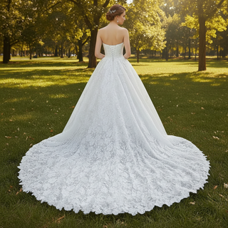 Classic & Elegant White Floral Lace Bride Dress Strapless Wedding Dresses
