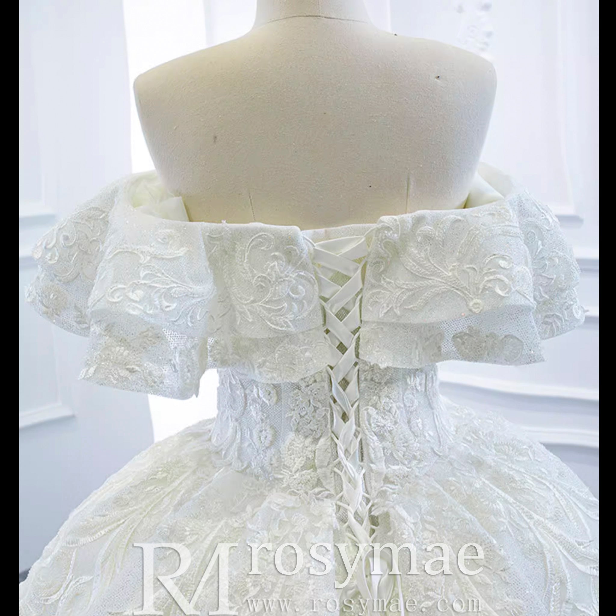 Popular Off the Shoulder Lace Ball Gown Wedding Dress - Rosymae