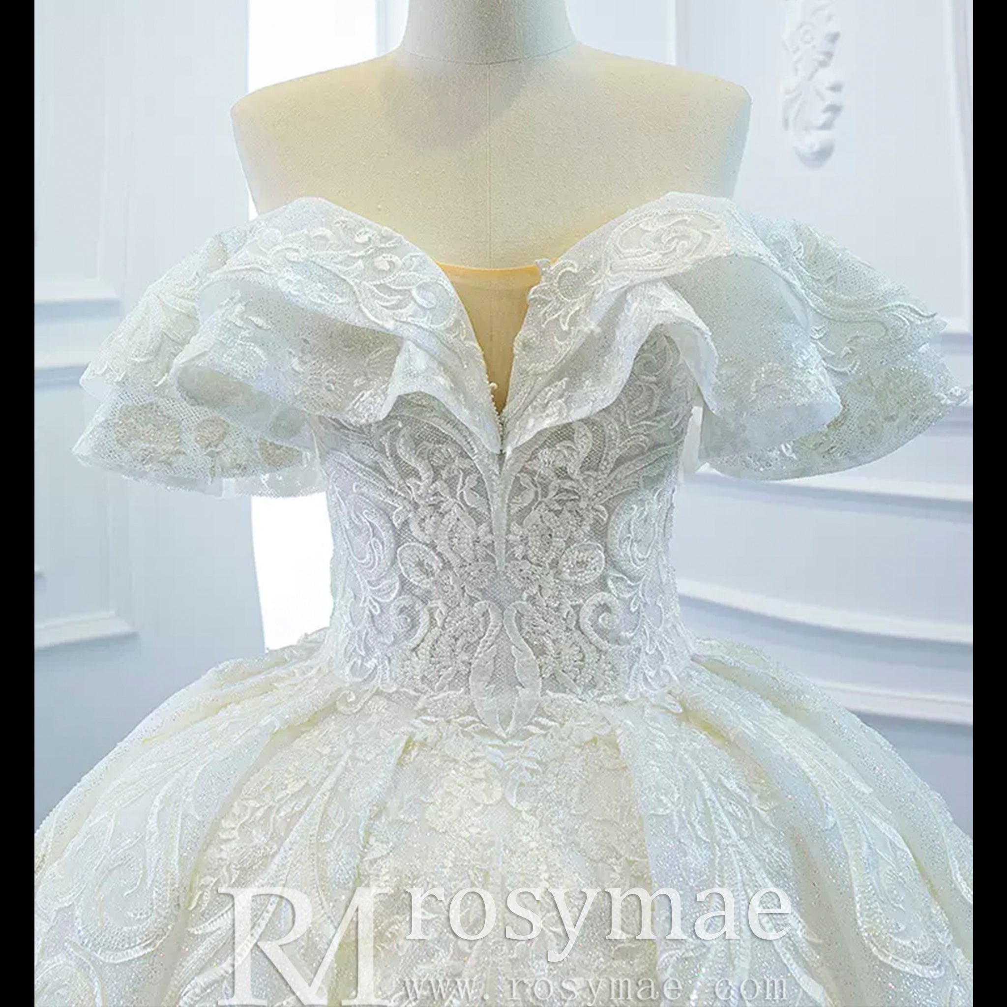 Popular Off the Shoulder Lace Ball Gown Wedding Dress - Rosymae