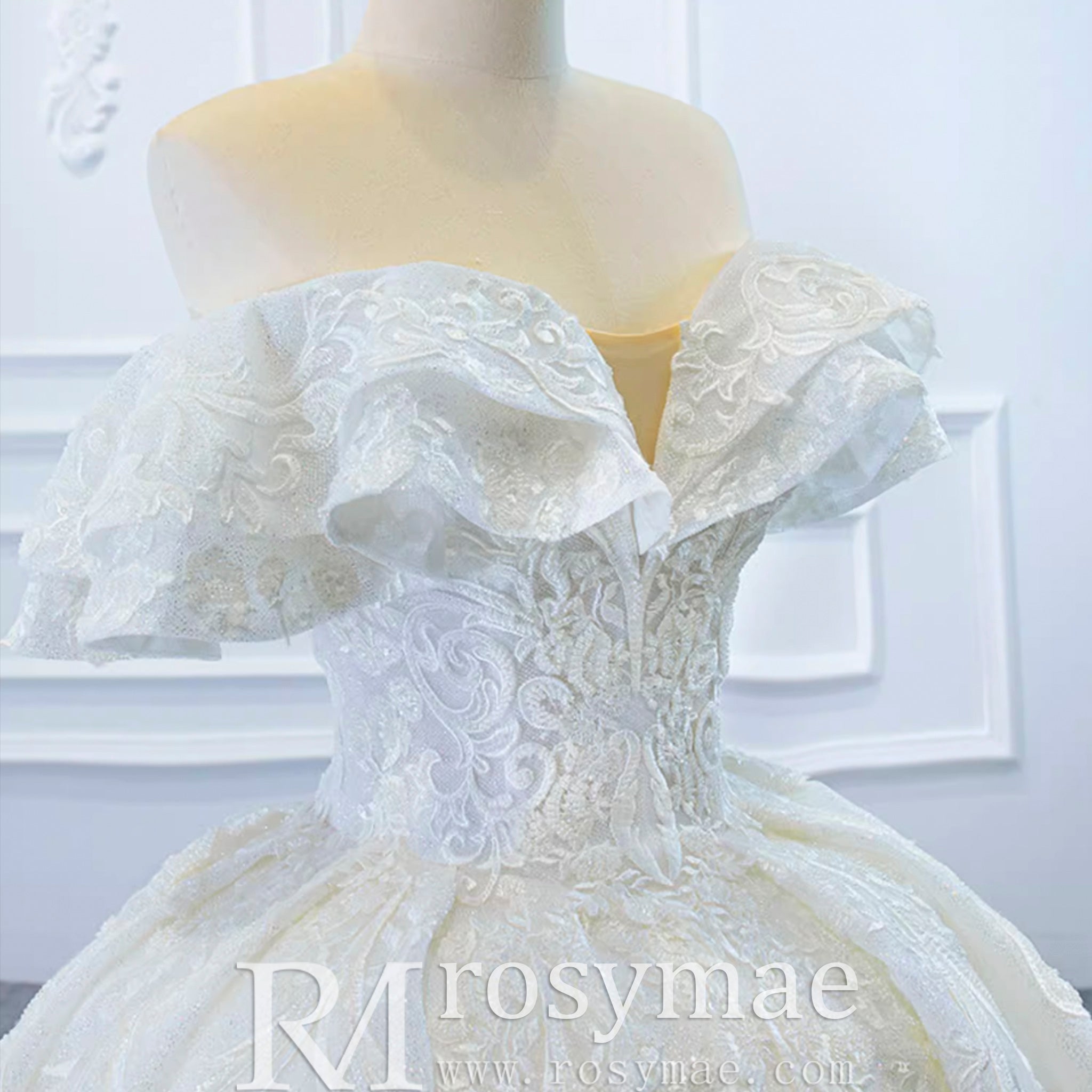 Popular Off the Shoulder Lace Ball Gown Wedding Dress - Rosymae