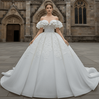 Popular Off the Shoulder Lace Ball Gown Wedding Dress - Rosymae