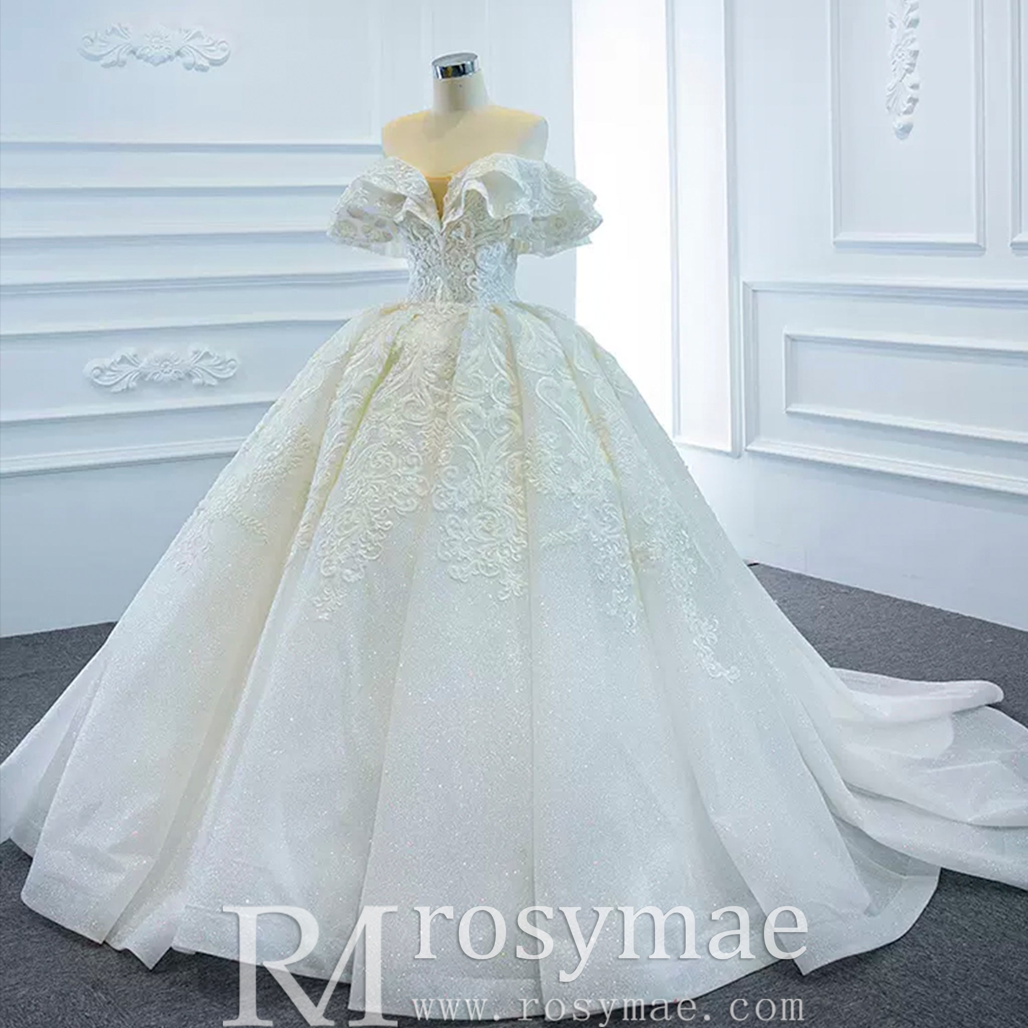 Popular Off the Shoulder Lace Ball Gown Wedding Dress - Rosymae