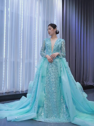 Sparkly Beaded Turquoise Prom Dresses with Detachable Overskirt
