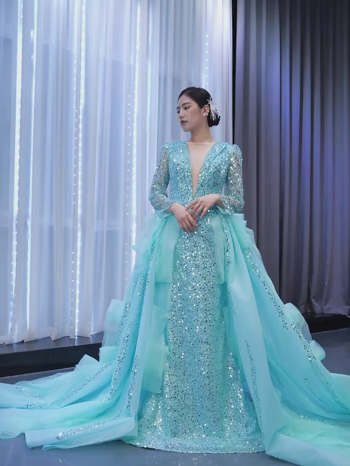 Sparkly Beaded Turquoise Prom Dresses with Detachable Overskirt