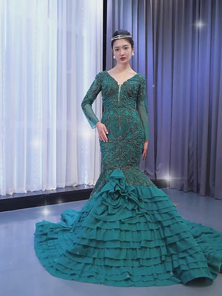 High-end Hunter Green Cascading Ruffles Prom Dress Long Sleeve