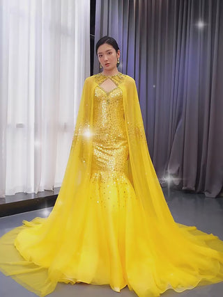 Mermaid Tulle Sequins Spaghetti Straps Prom Dress With Cape