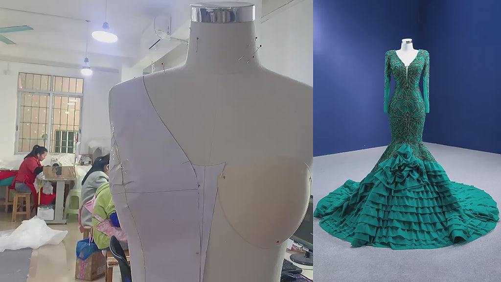 High-end Hunter Green Cascading Ruffles Prom Dress Long Sleeve