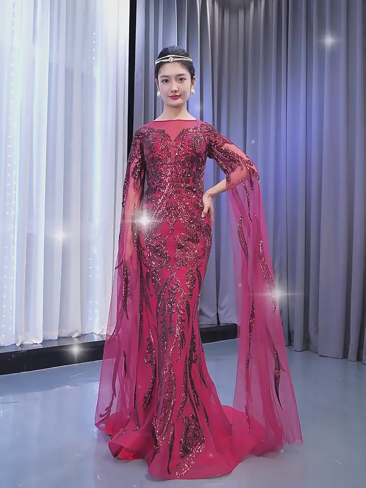 High-end Vintage Burgundy Beading Sequins Evening Dress