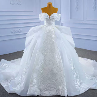 Off Shoulder Lace Applique Wedding Gown Puffy Wedding Dress