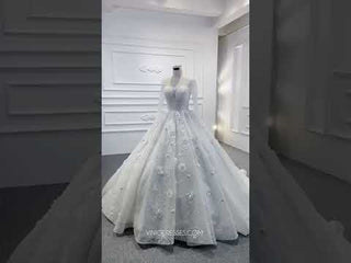 Sparkly 3D Flower Princess Wedding Dress with Long Sheer Sleeves