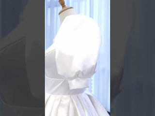 Modest Ball Gown Half Puff Sleeve Satin Wedding Dress with Vneck