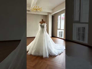 Off-the-Shoulder Bridal Gown with Long Sleeves A-Line Lace Wedding Dress