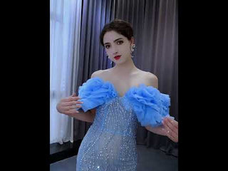 Mermaid See Through Ruffle Short Sleeves Sweep Train Prom Formal Dresses