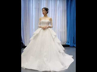 Beaded Ball Gown Long Sleeve Wedding Dress with Off the Shoulder