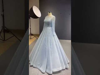 Beaded Baby Blue A-line Prom Dress Formal Gown with Long Sleeves
