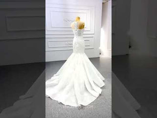 High Sheer Back Beaded Lace Trumpet Wedding Dress with Cap Sleeve