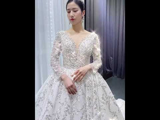 Luxury Beaded Sparkly Ball Gown Wedding Dress with Long Sleeve