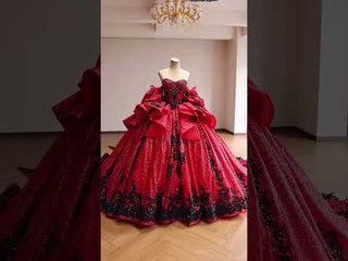 Red & Black Lace Corset Ball Gown Quinceanera Dress with Dramatic Back Bow