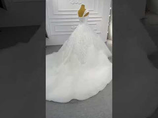 Luxury Beaded Ruffled Puffy Ball Gown Wedding Dress with Off the Shoulder