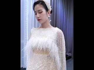Luxury Beaded Cape Sleeve Sheath Wedding Dress with Feather
