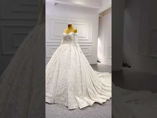 Elegant Off the Shoulder Lace Ball Gown Wedding Dress with Long Sleeves