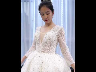 Long Sleeve Ball Gown V-neck Wedding Dress with Beaded Pearl