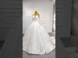 Long Sleeve Sparkly Lace Ball Gown Wedding Dress with High Back