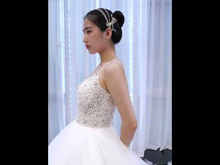 Luxury Beaded Tulle Ball Gown Wedding Dress with Spaghetti Straps